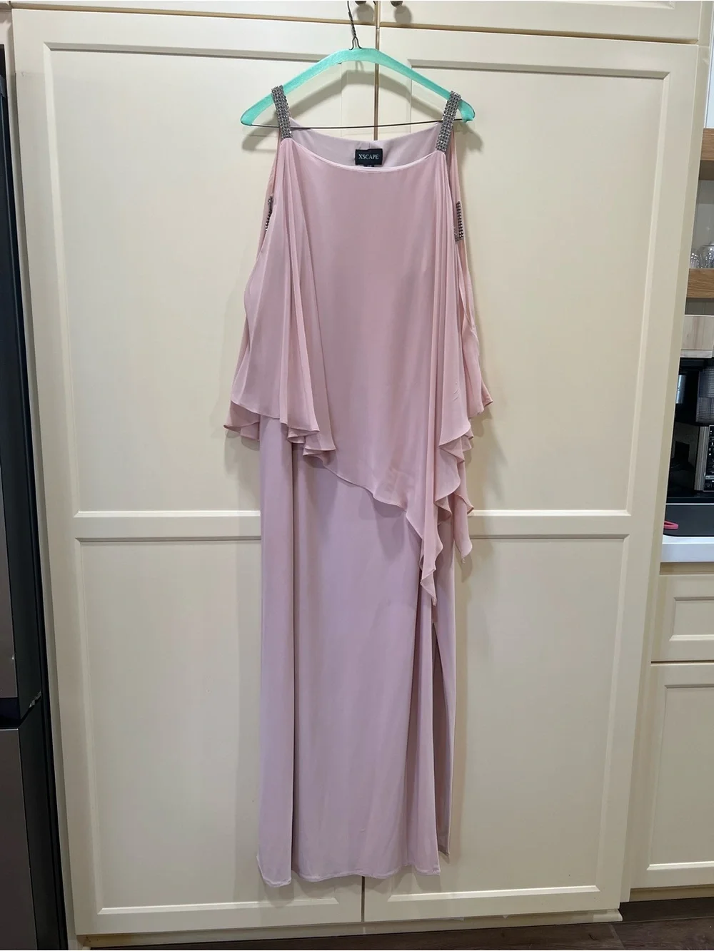 Xscape Light Blush Layered Evening Gown with Beaded Straps